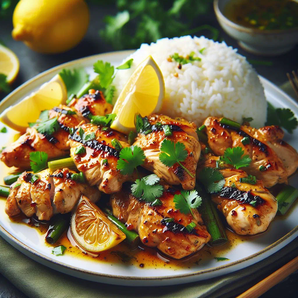 Grilled lemongrass chicken pieces served with rice and fresh vegetables