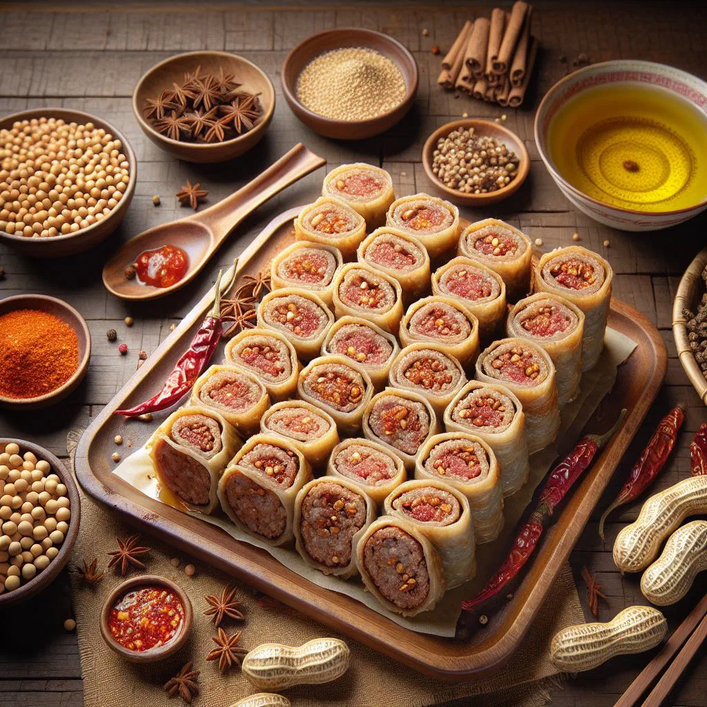Crispy golden lor bak pork rolls sliced and served with dipping sauce