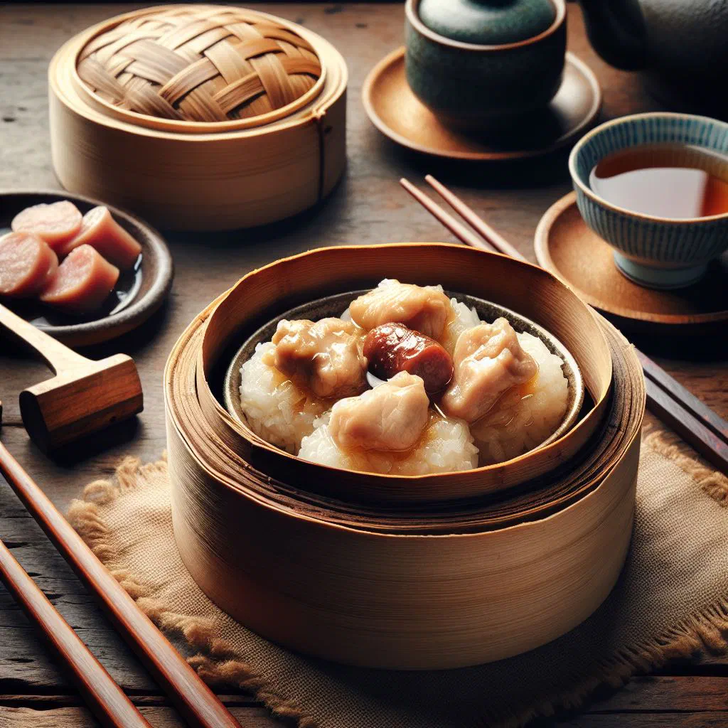 Steamed glutinous rice with chicken and shiitake mushrooms in a small bowl