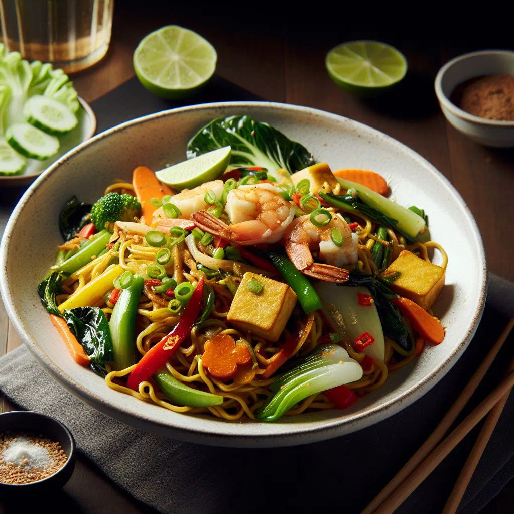Plate of stir-fried Mee Goreng noodles garnished with fresh coriander