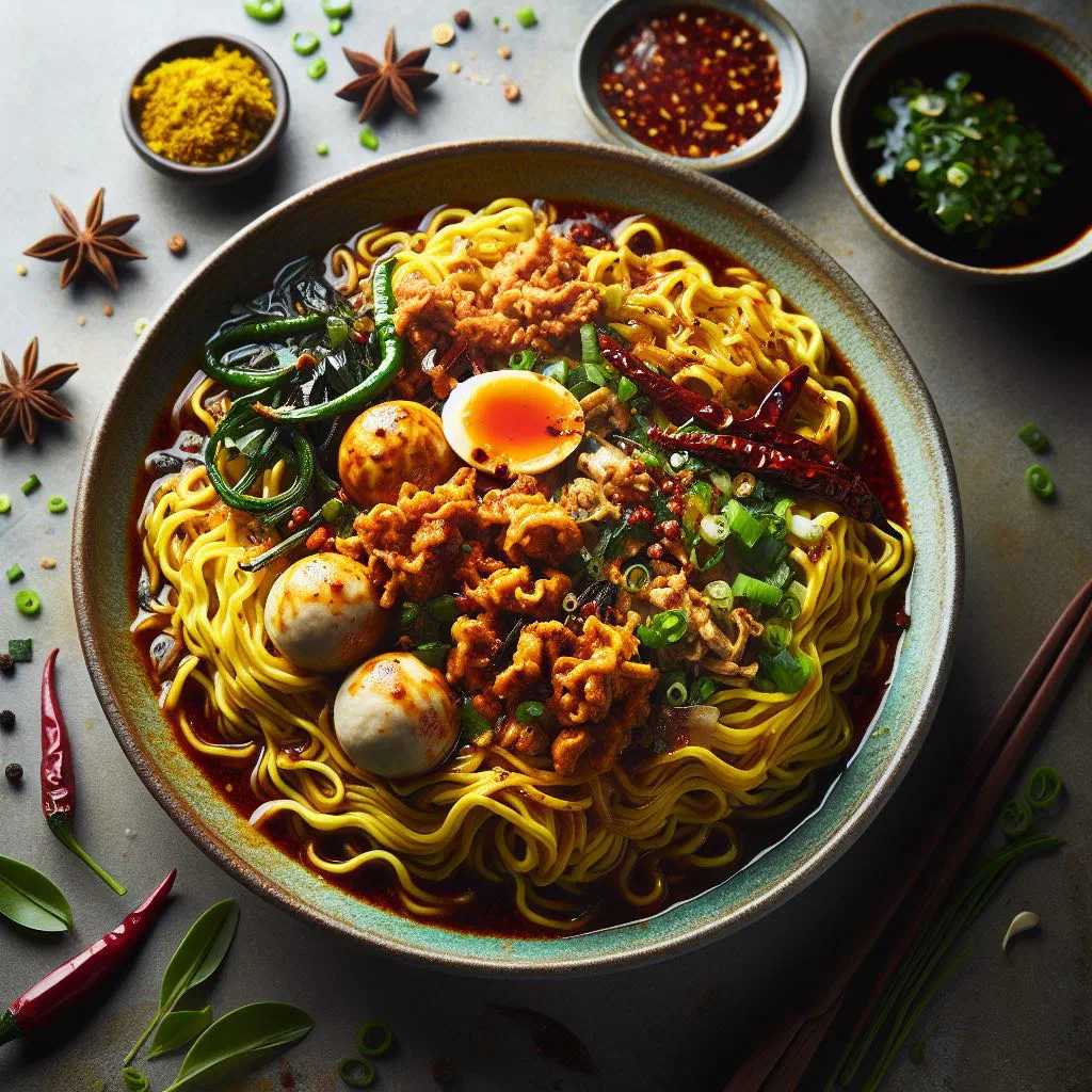 Bowl of flat mee pok noodles topped with sliced pork, fish balls and spring onions