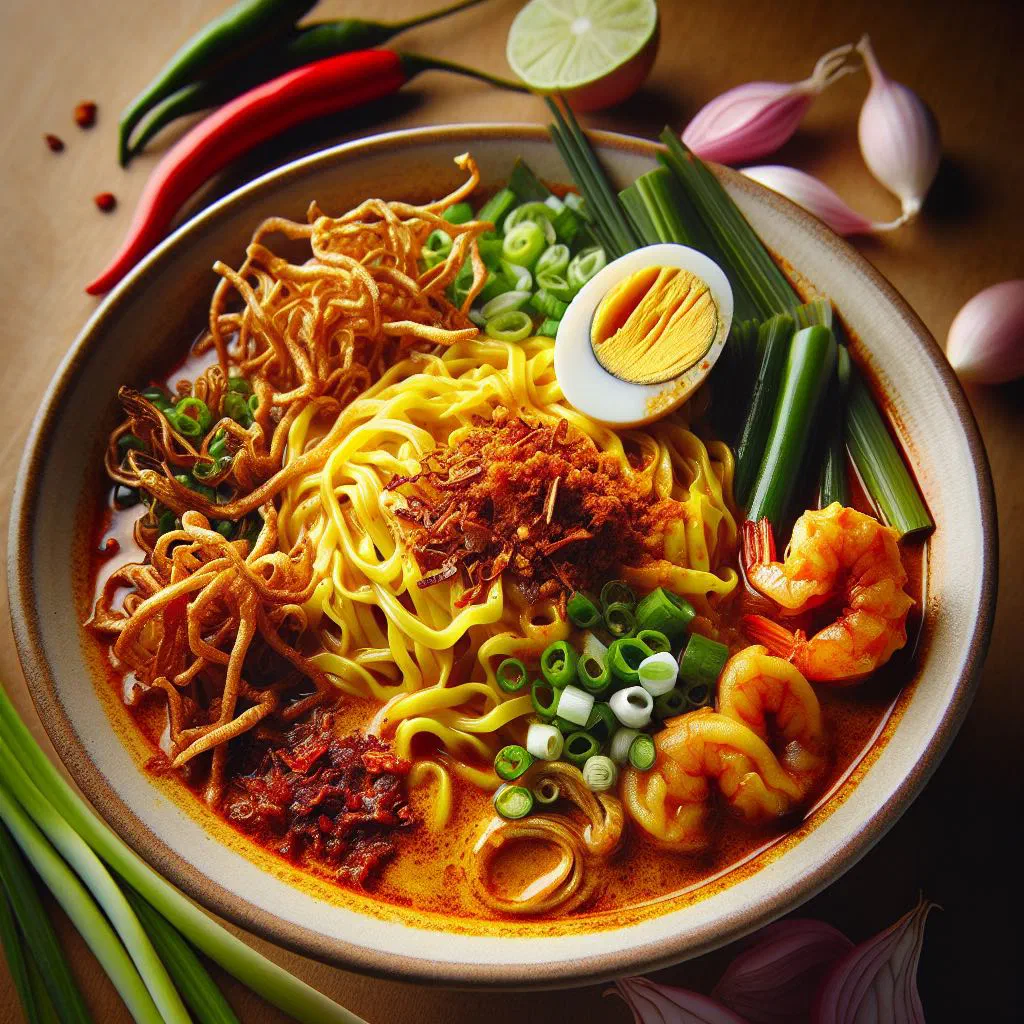 Bowl of mee rebus noodles in a spiced gravy topped with spring onions and coriander