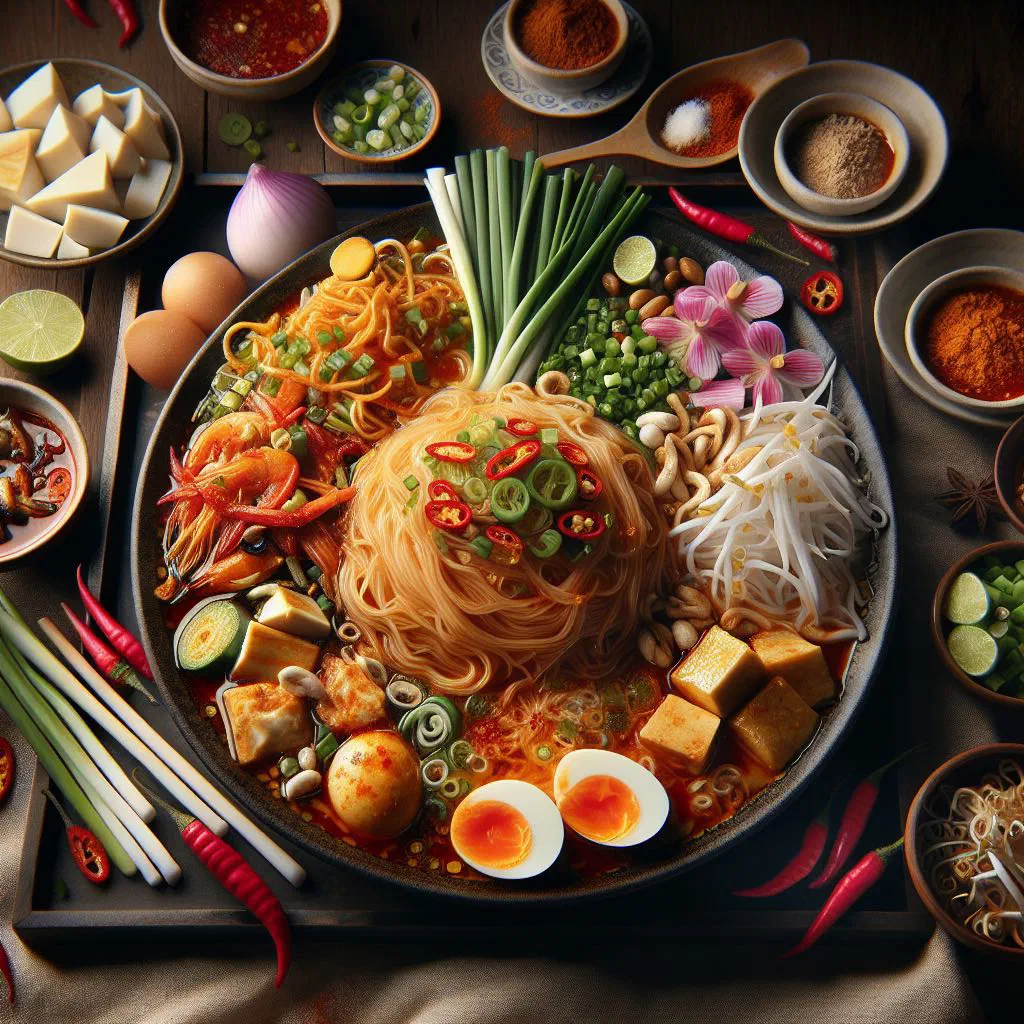 Mee Siam rice noodles in a tangy sauce garnished with fresh coriander