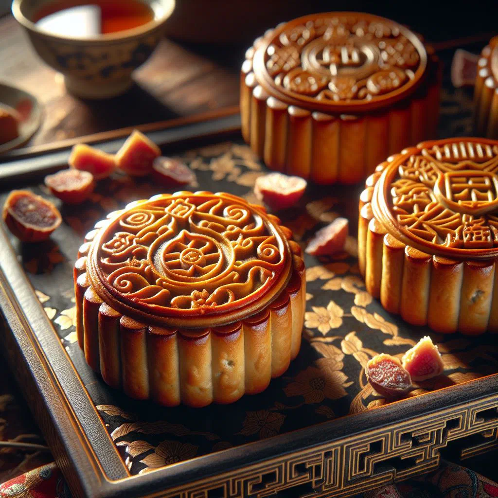 Golden baked mooncakes with intricate imprinted patterns on a plate