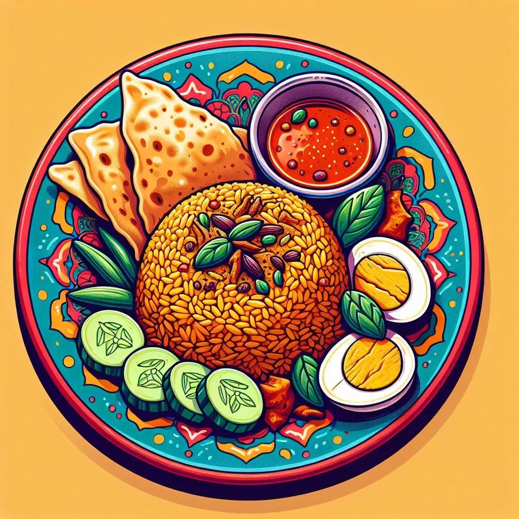 Fragrant nasi briyani with spiced rice, tender meat and fresh herbs