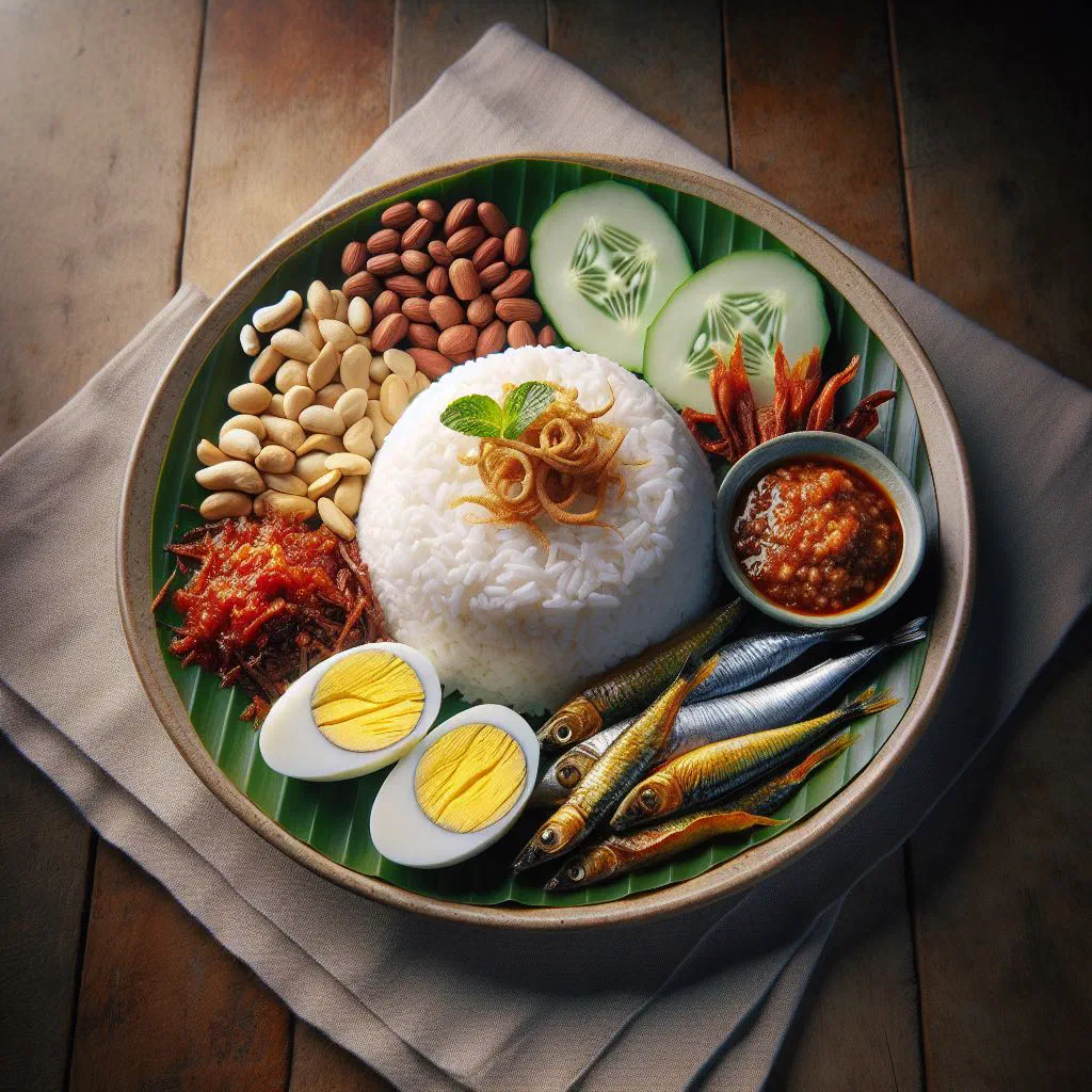 Nasi lemak with coconut rice, sambal, cucumber, egg and crispy anchovies