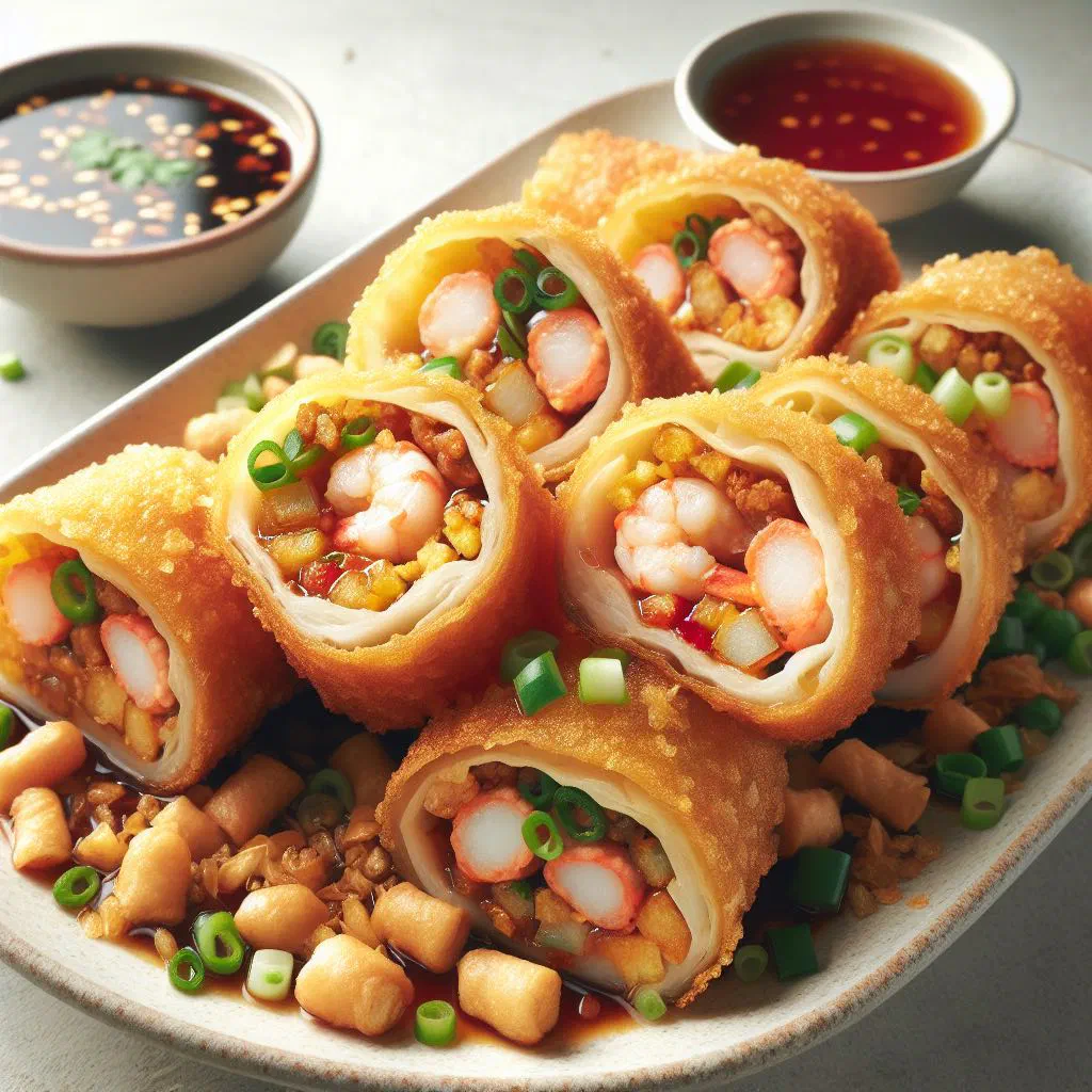 Crispy golden ngoh hiang rolls sliced and served with chilli dip