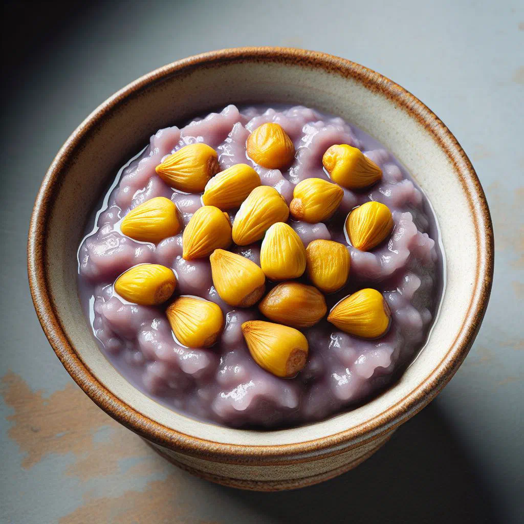 Smooth orh nee yam paste dessert topped with roasted nuts