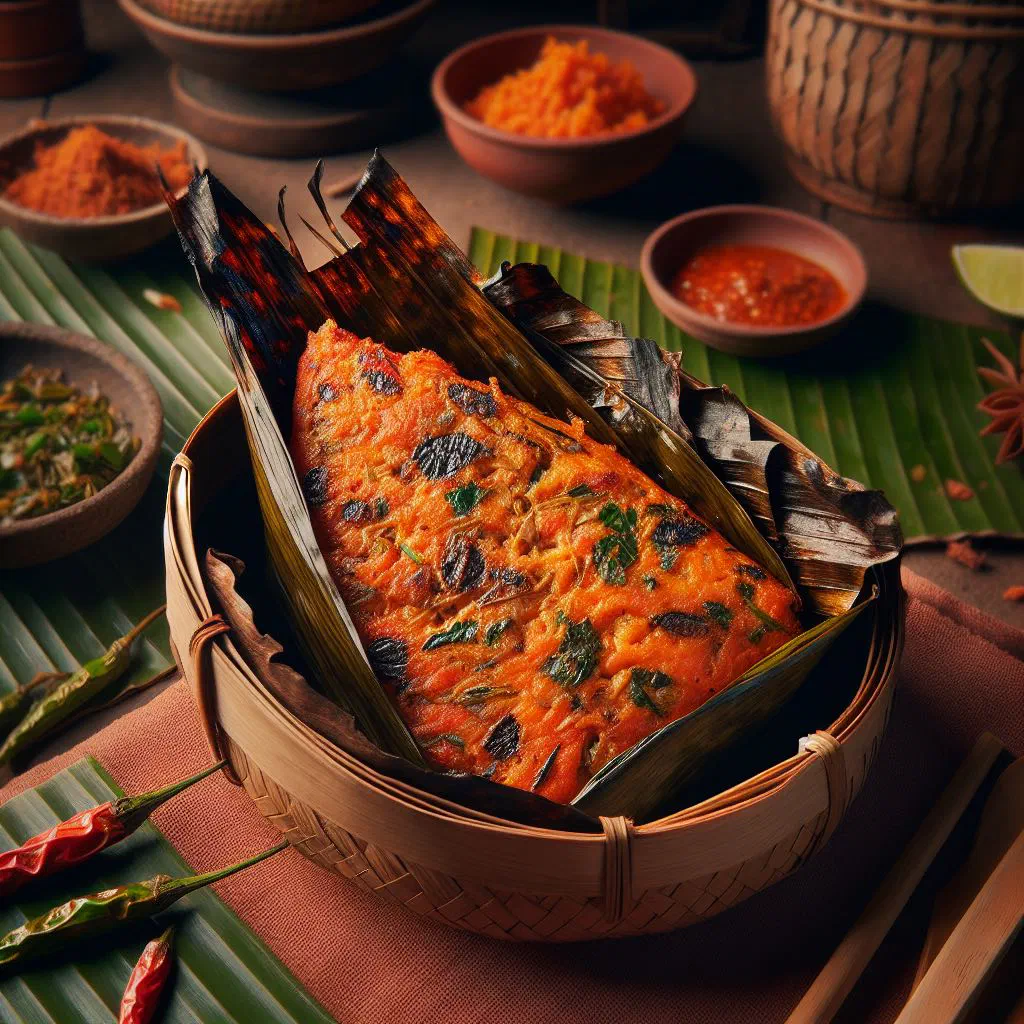 Grilled otak-otak fish parcels wrapped in charred banana leaves