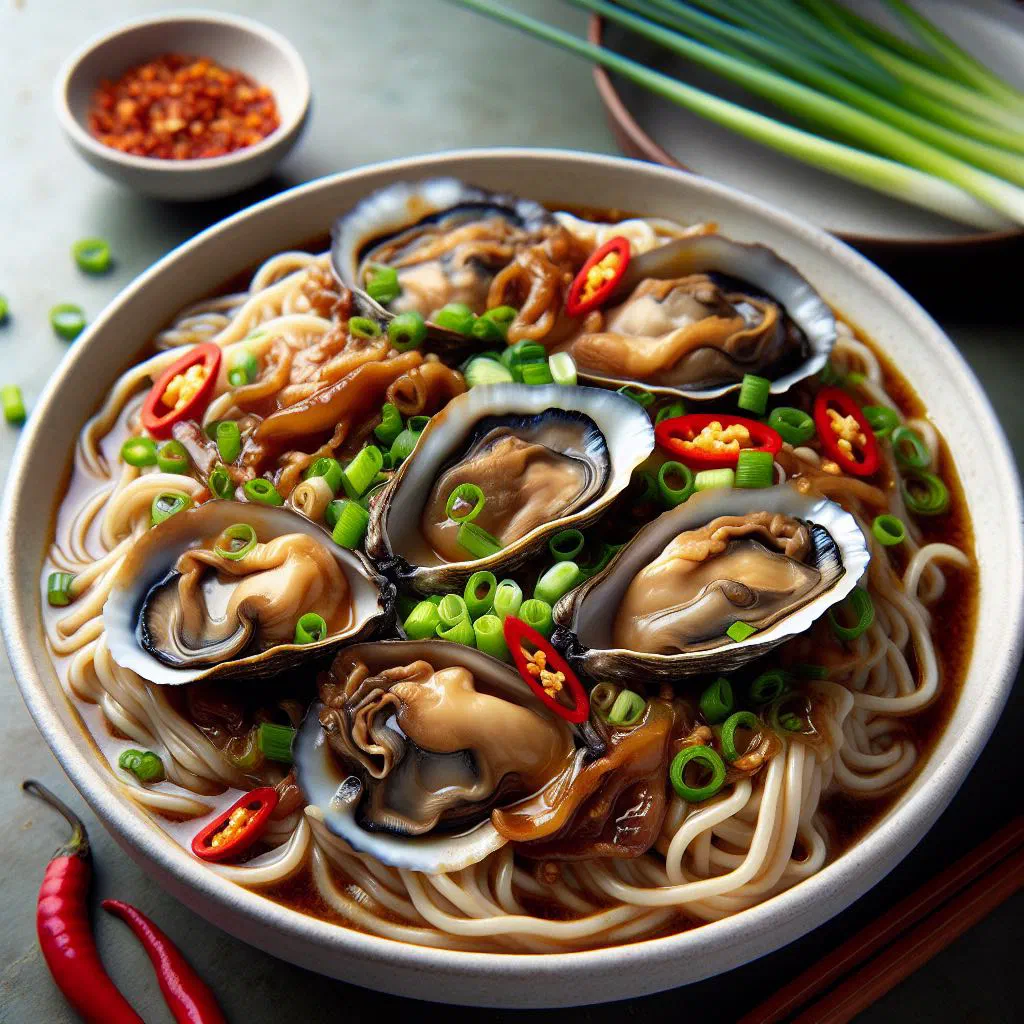 Oyster hor fun with wide rice noodles, plump oysters and spring onions in a savoury sauce