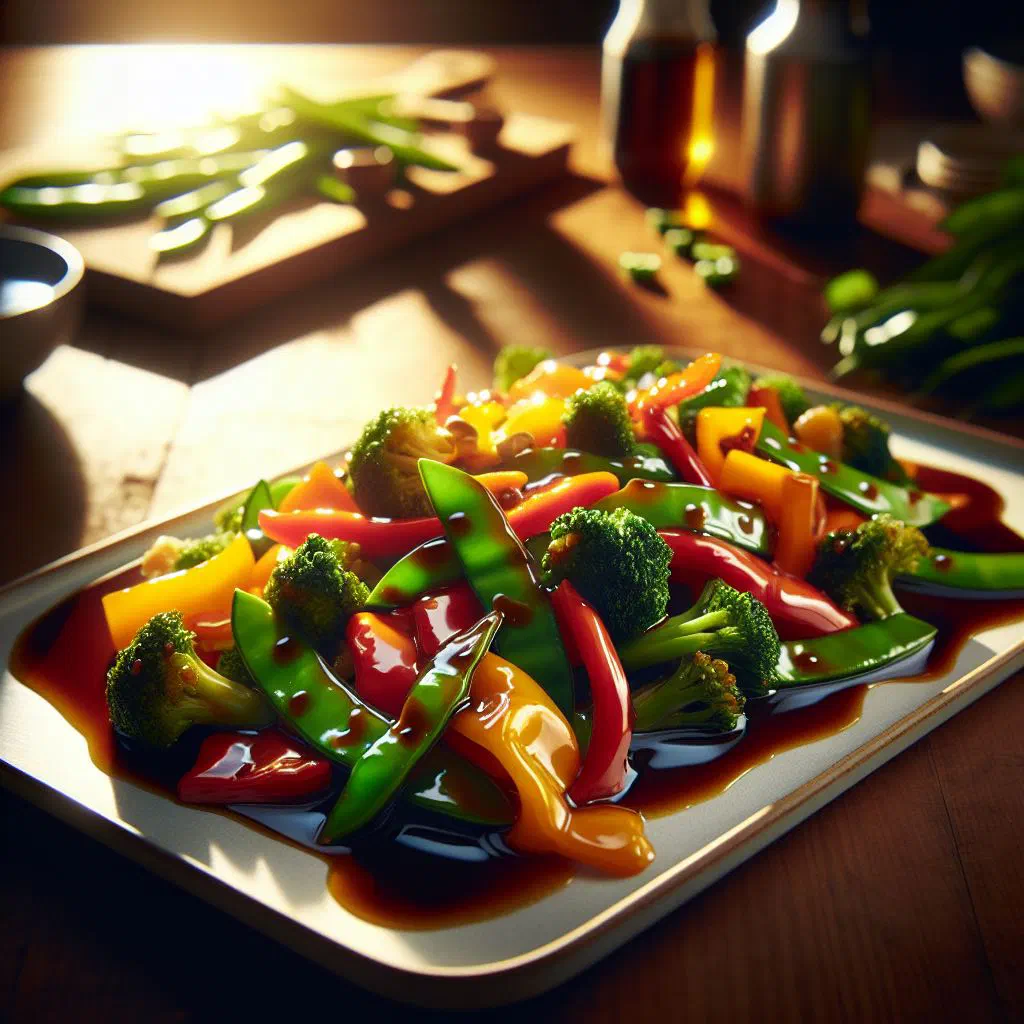 Stir-fried broccoli, carrots and mangetout glazed in glossy oyster sauce