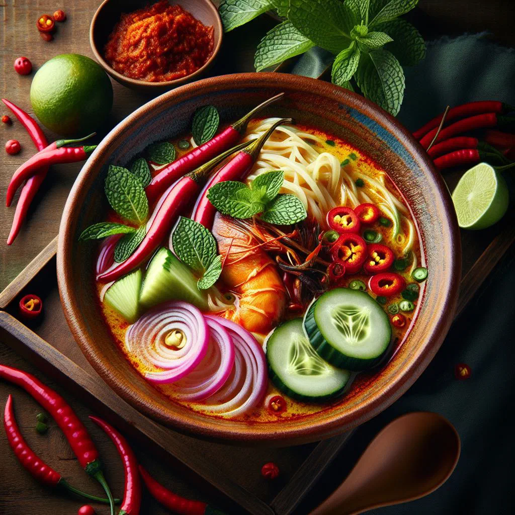 Bowl of Penang laksa noodle soup with fresh herbs and lime