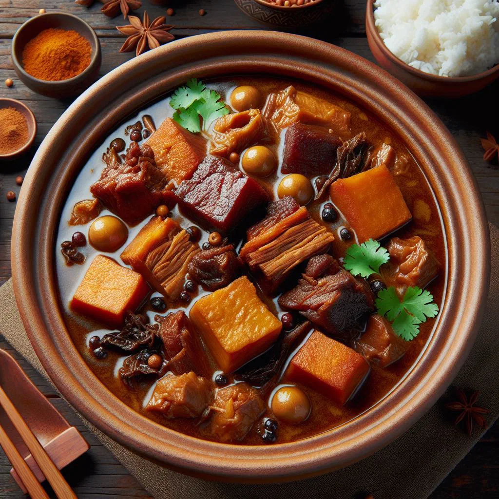 Braised pork Babi Pongteh in a savoury soybean sauce served with rice