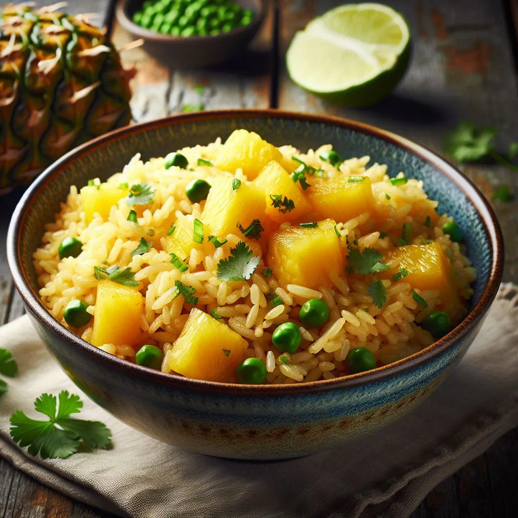 Pineapple rice with vegetables served in a hollowed-out pineapple