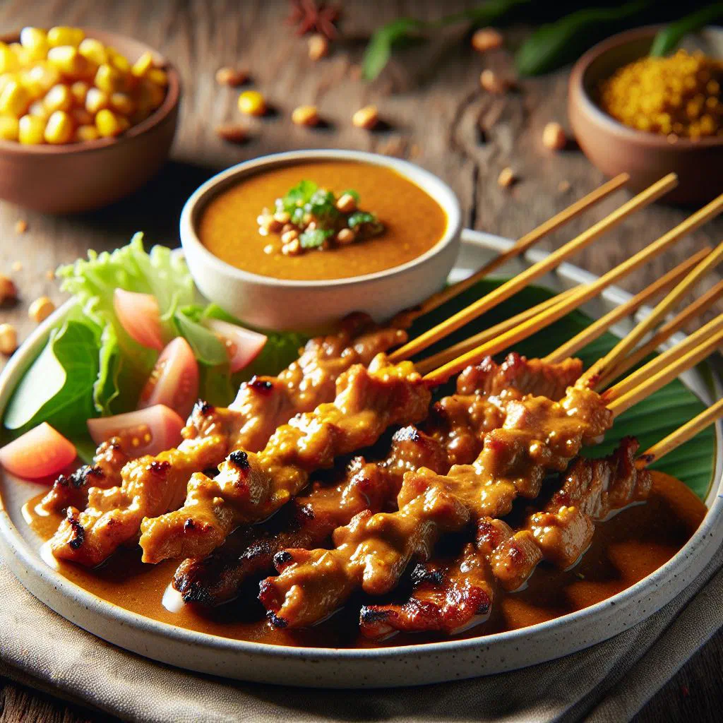 Grilled pork satay skewers served with peanut sauce and lime