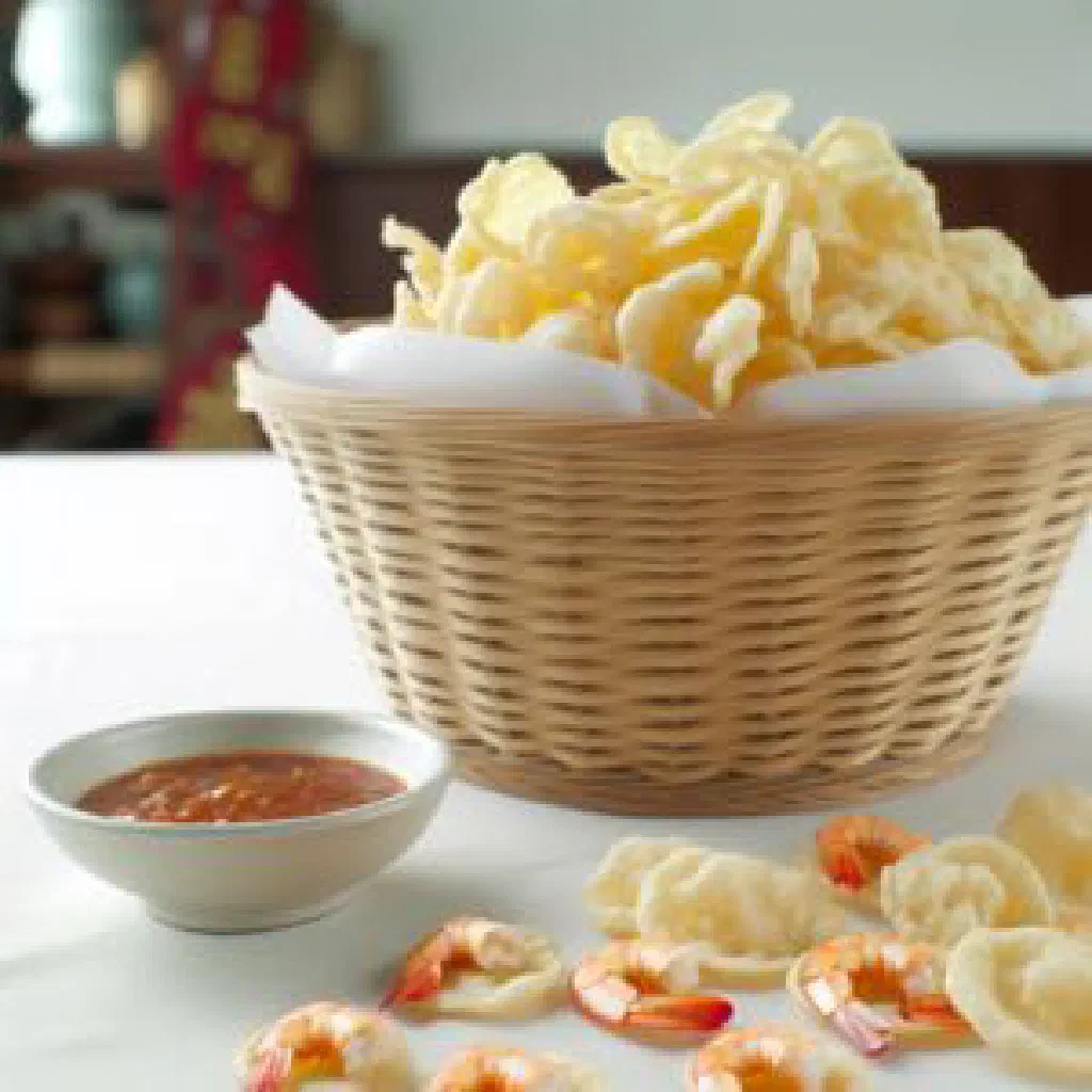 Golden, crispy prawn crackers served on a plate
