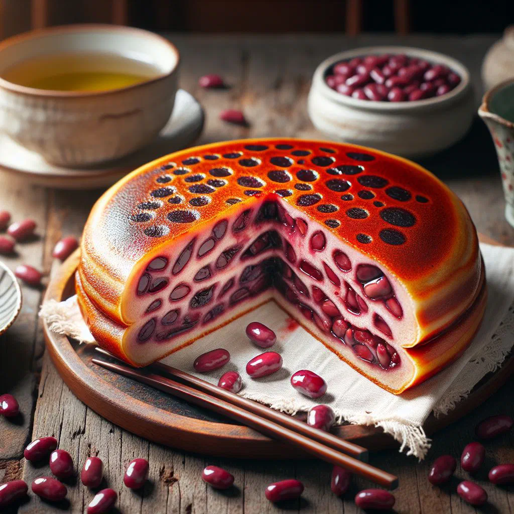 Golden red bean pancakes filled with sweet red bean paste on a plate