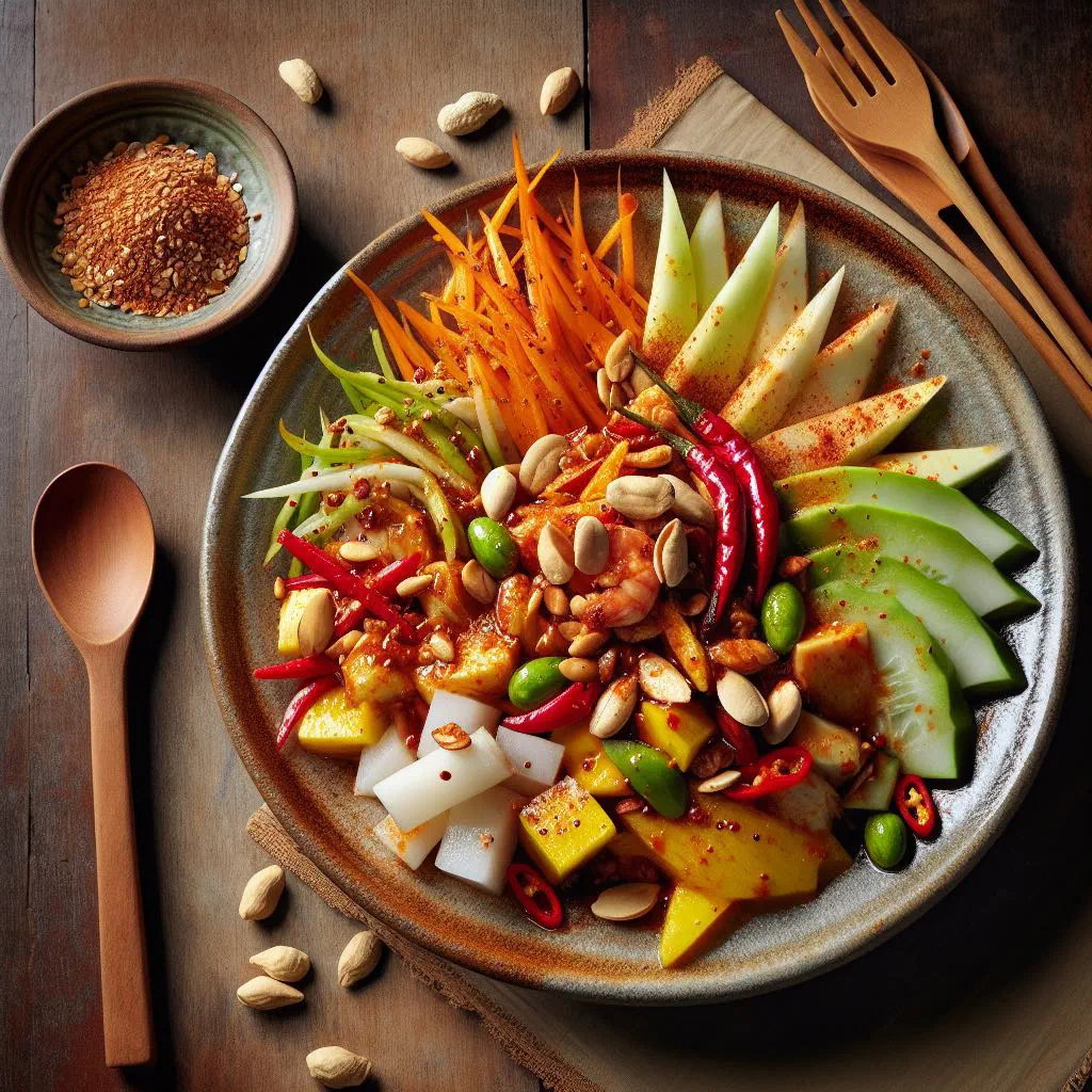 Colourful Singaporean rojak with fruit, cucumber and chopped peanuts