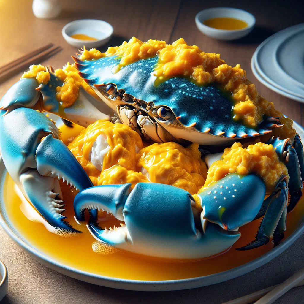 Salted egg crab pieces coated in a creamy golden sauce, garnished with spring onions