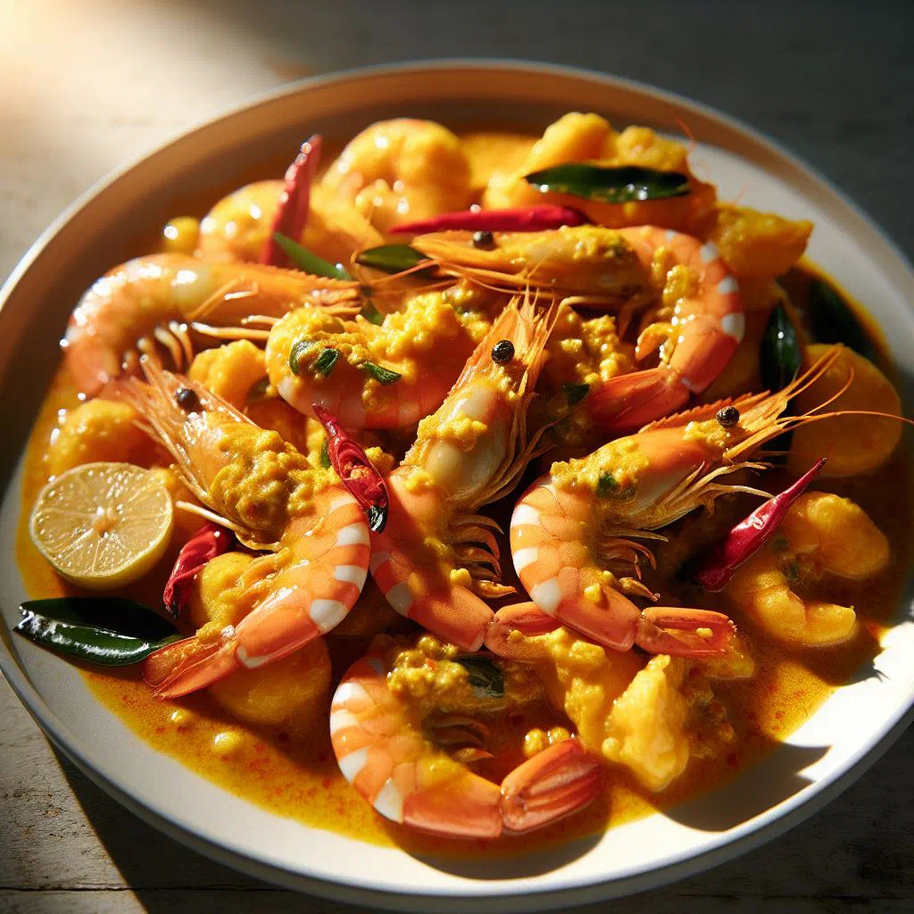 Salted egg prawns coated in a creamy golden yolk sauce, garnished with coriander