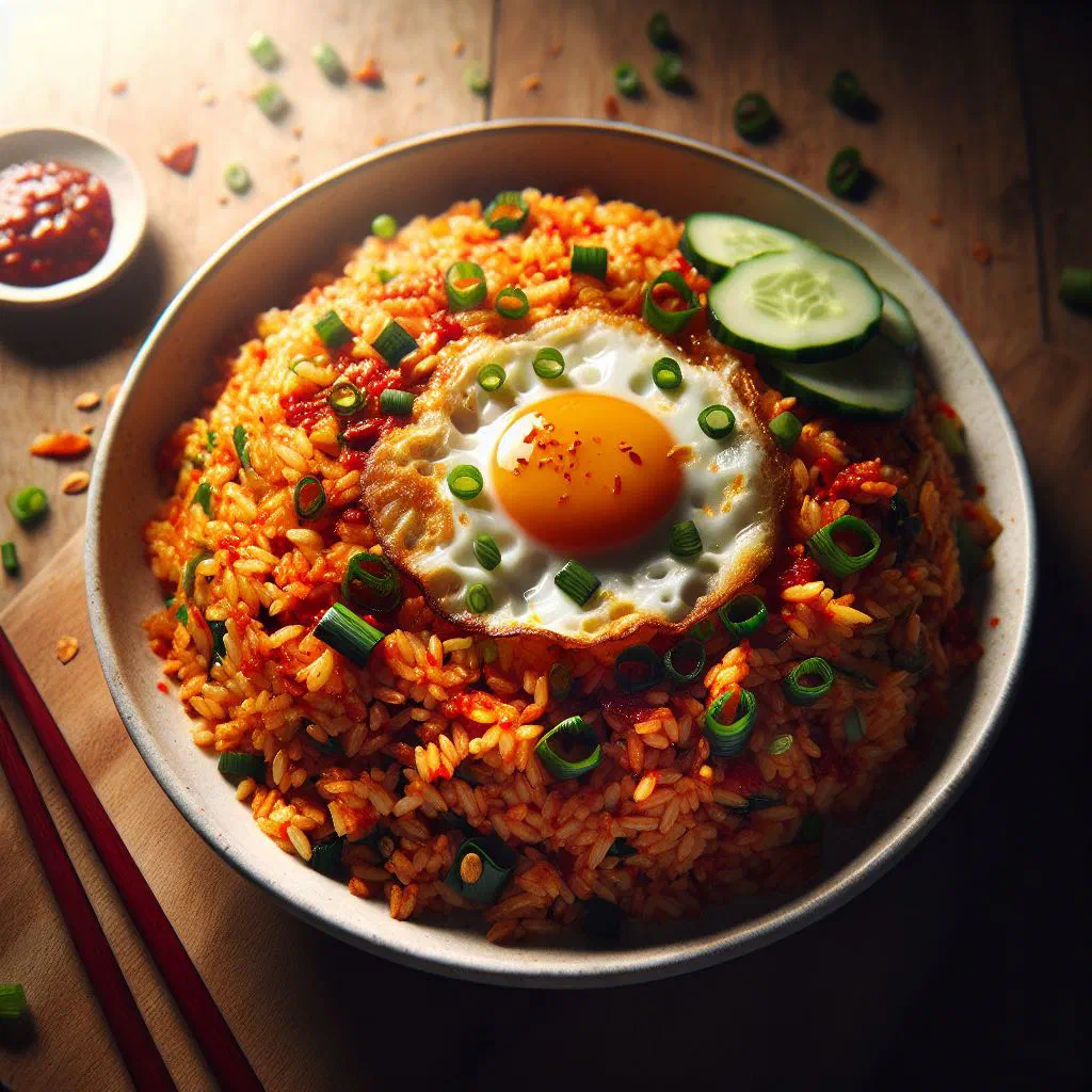 Sambal fried rice garnished with fresh coriander and lime