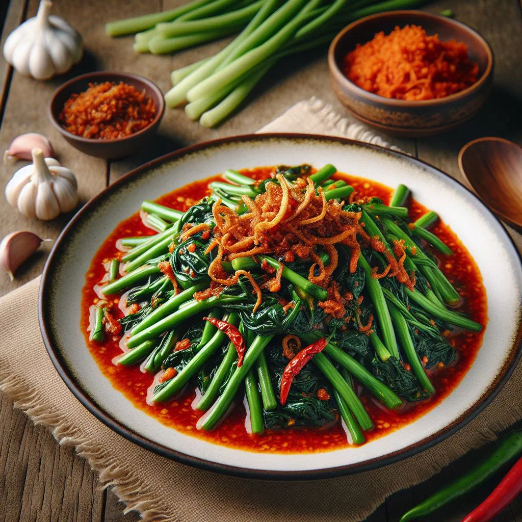 Stir-fried water spinach in spicy sambal sauce served in a bowl