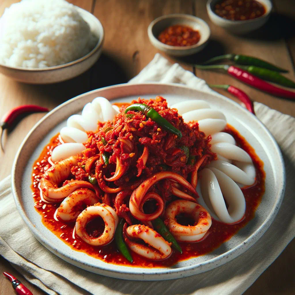 Sambal sotong with tender squid in a glossy red sambal sauce, garnished with coriander