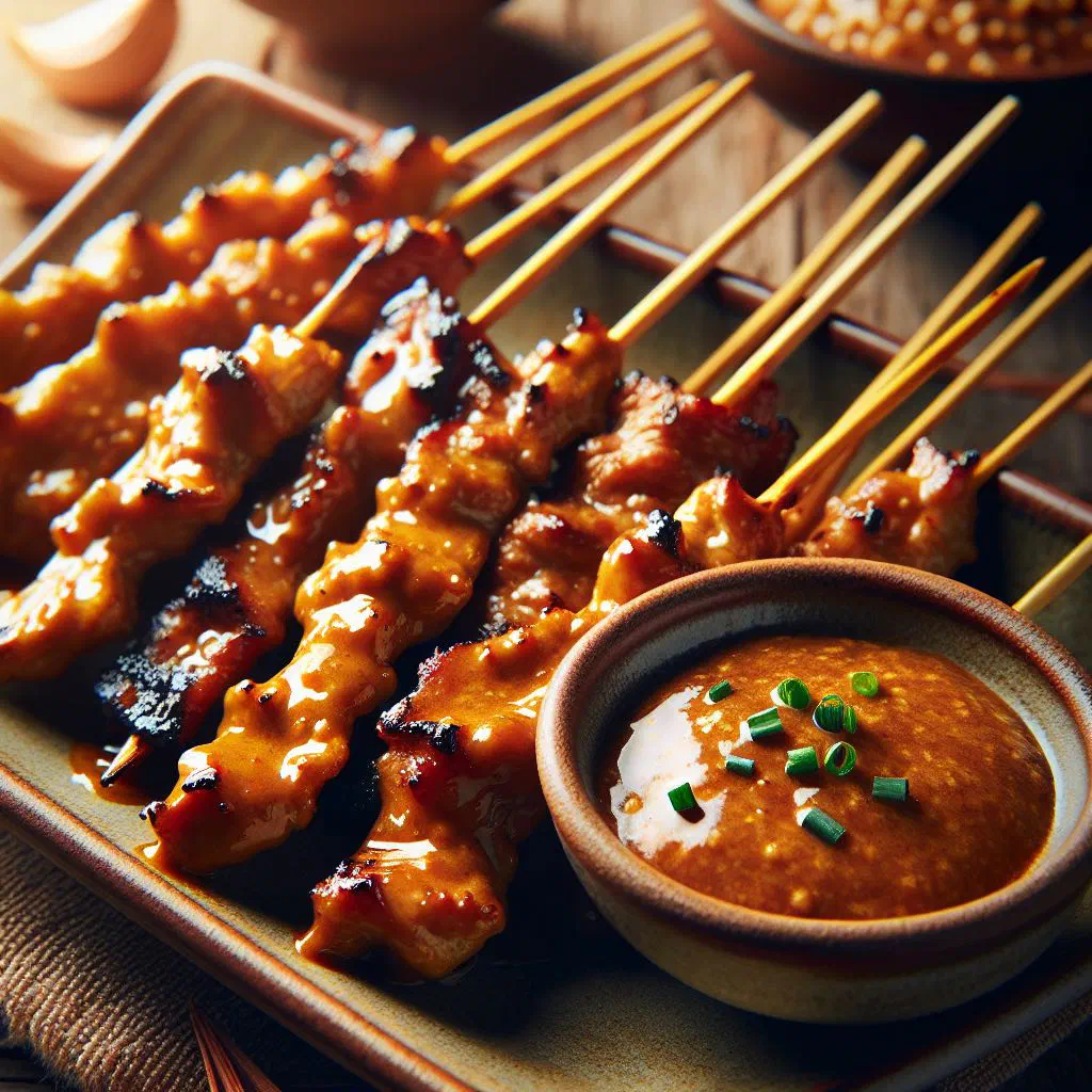 Grilled satay skewers served with peanut sauce and fresh vegetables