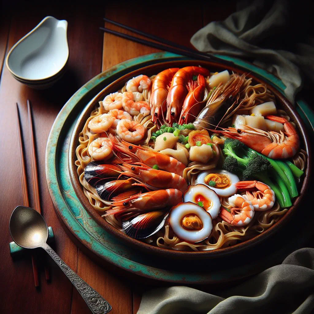Seafood hor fun with rice noodles, prawns and squid in a savoury sauce