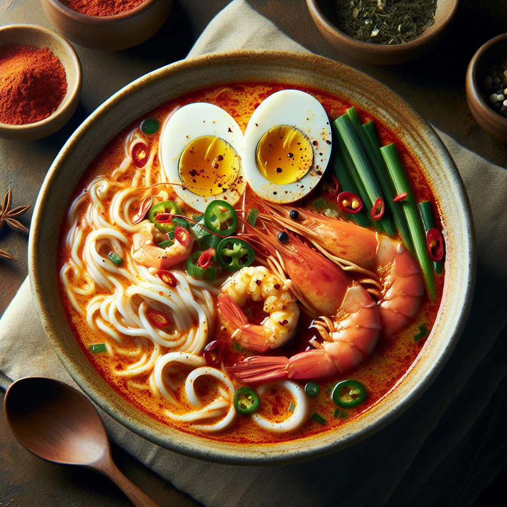 Bowl of Singapore laksa lemak with rice noodles, prawns and coconut broth