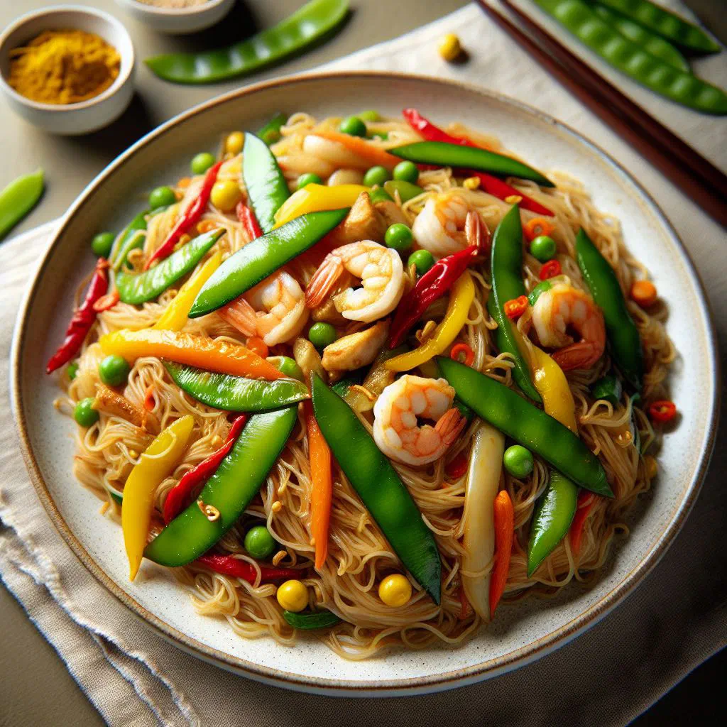 Stir-fried Singapore rice noodles with vegetables and spring onions