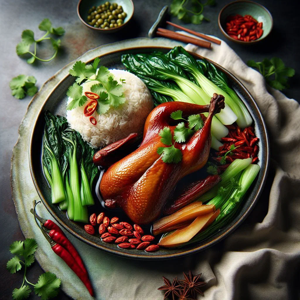 Sliced herbal braised duck served with steamed rice and spring onions