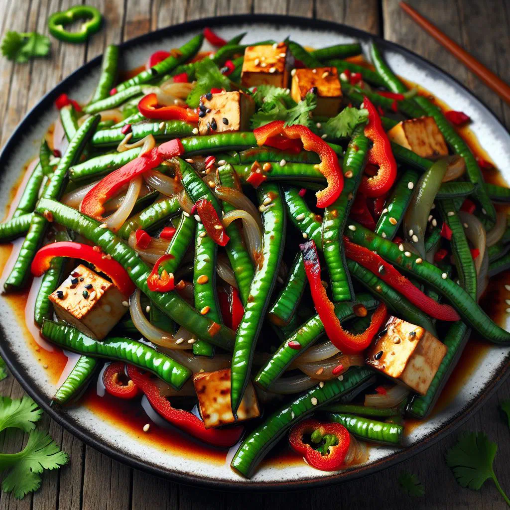 Stir-fried snake beans with peppers and carrots, sprinkled with sesame seeds
