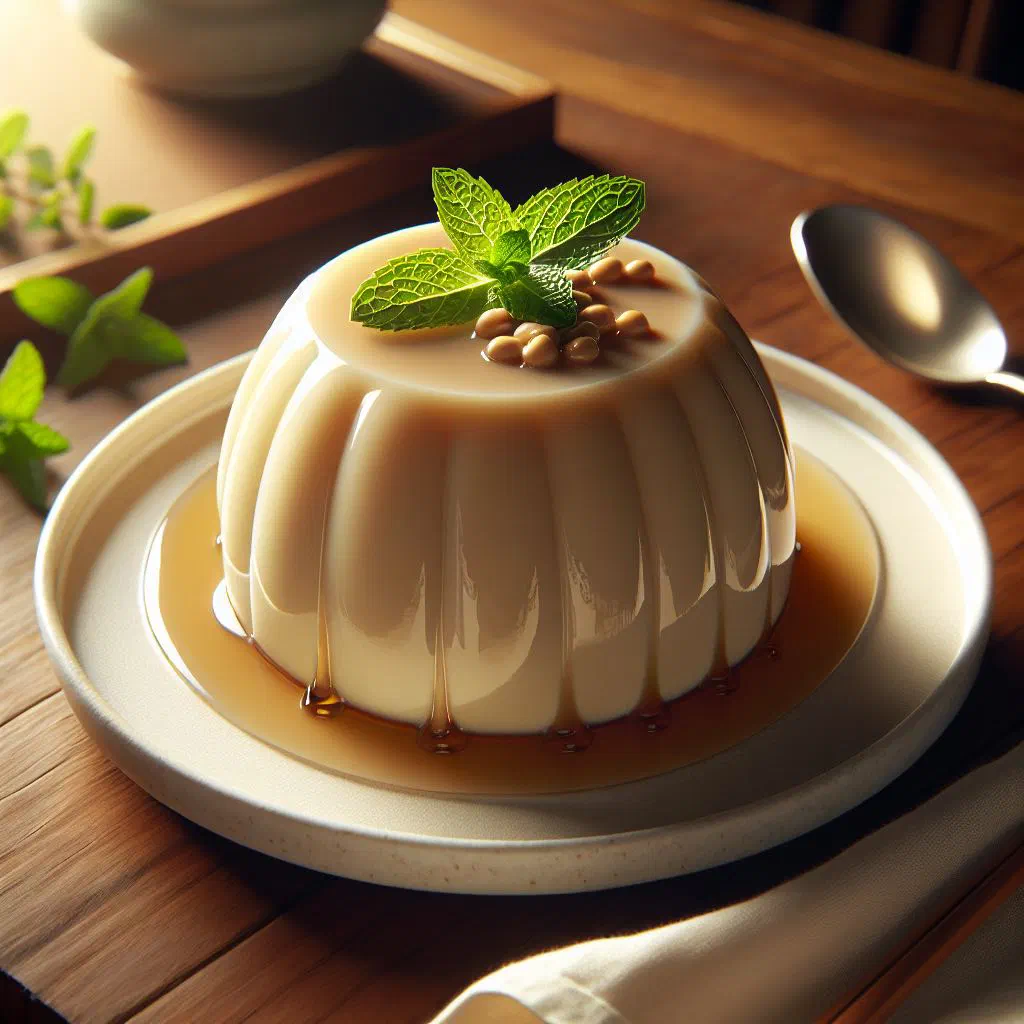 Silky soy bean pudding in a bowl, drizzled with syrup