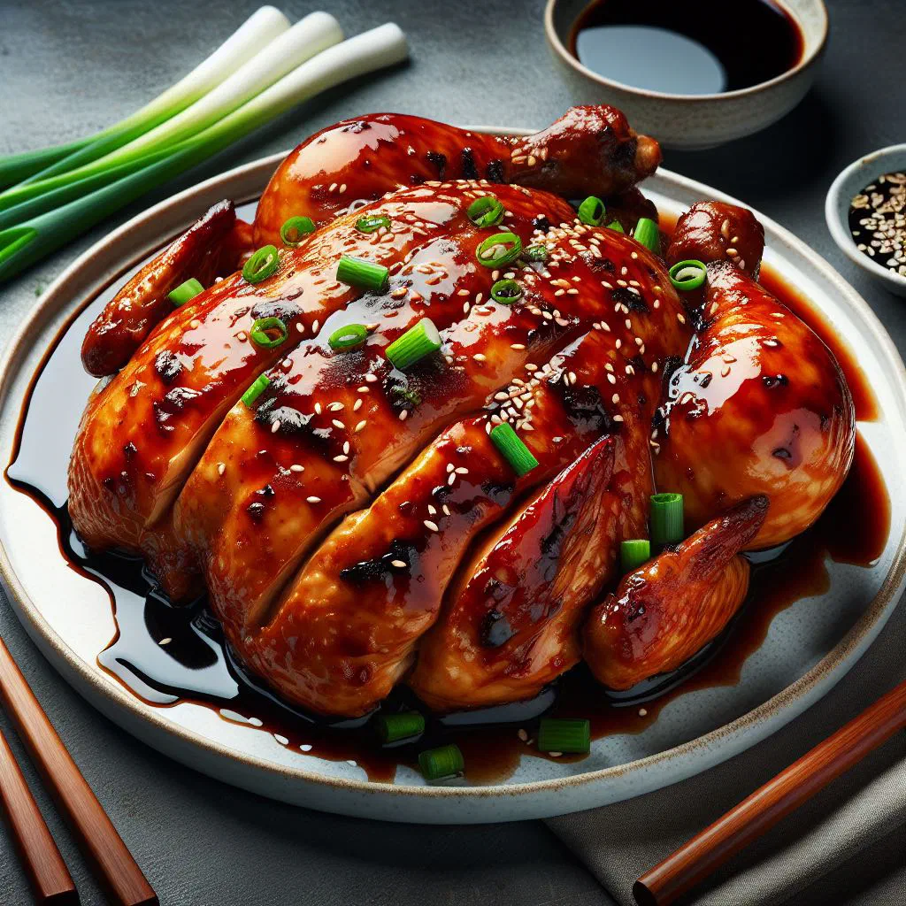 Glossy soy sauce chicken sliced and served with steamed rice and greens