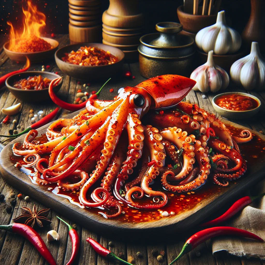 Spicy sotong squid in a glossy chilli sauce garnished with fresh coriander