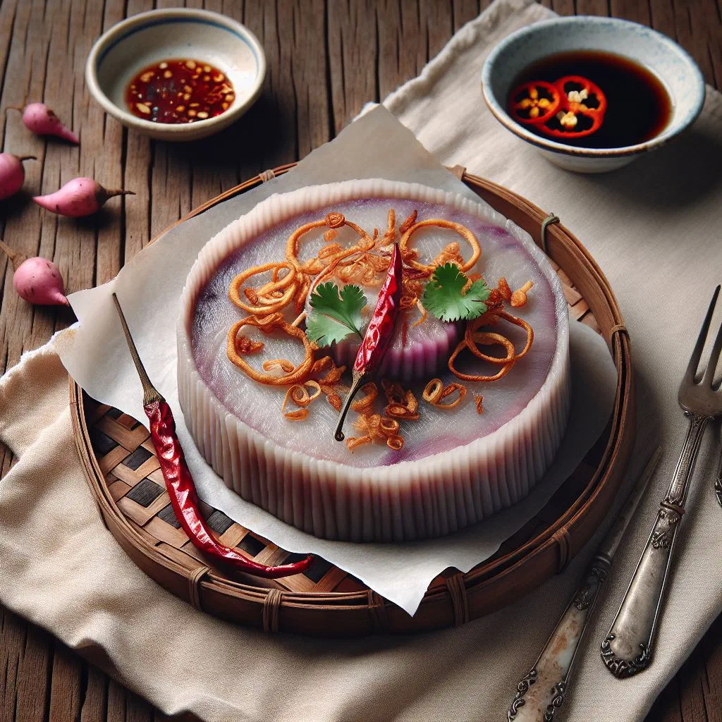 Slices of steamed yam cake garnished with spring onions and dried shrimp