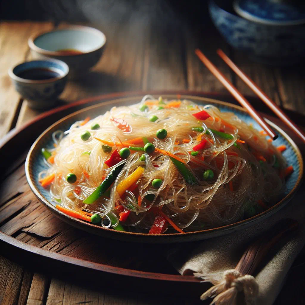 Stir-fried rice vermicelli tossed with colourful vegetables in a wok