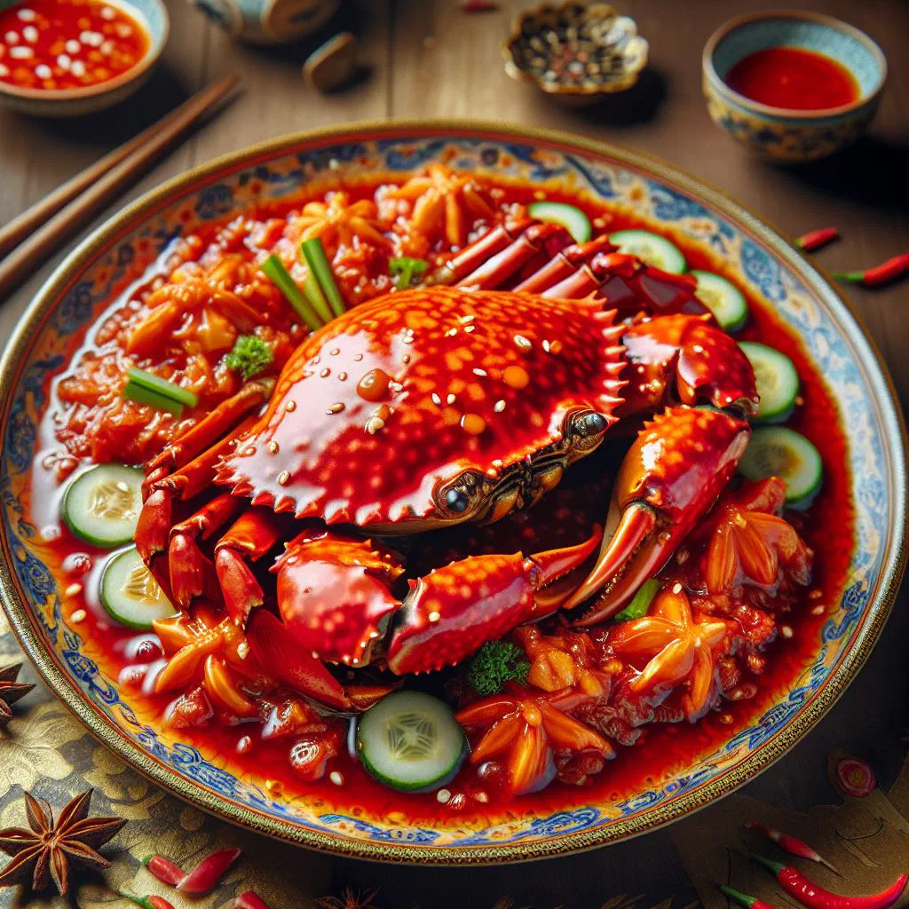 Sweet and sour crab in a glossy tomato sauce garnished with fresh coriander