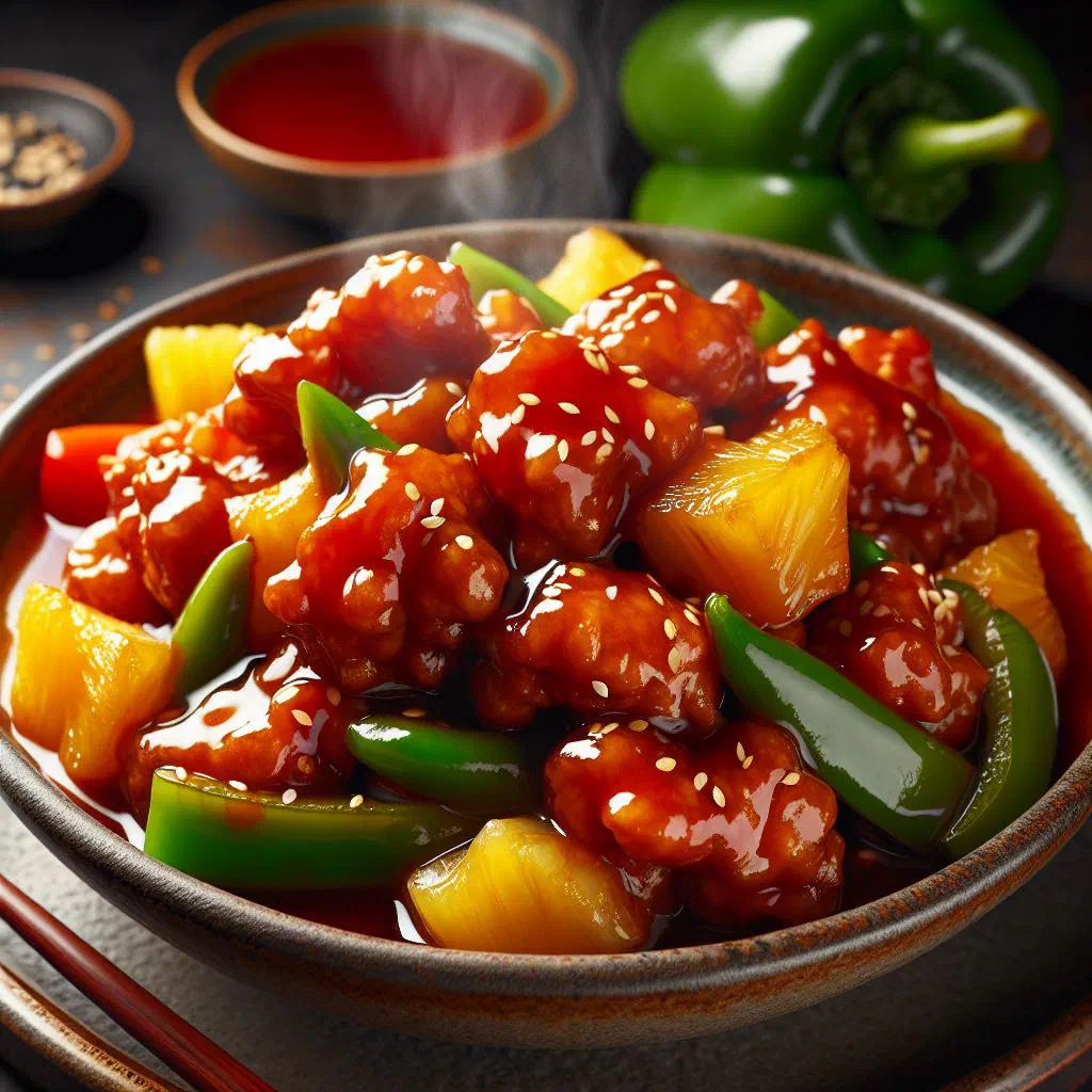 Sweet and sour pork with peppers and pineapple in a glossy sauce