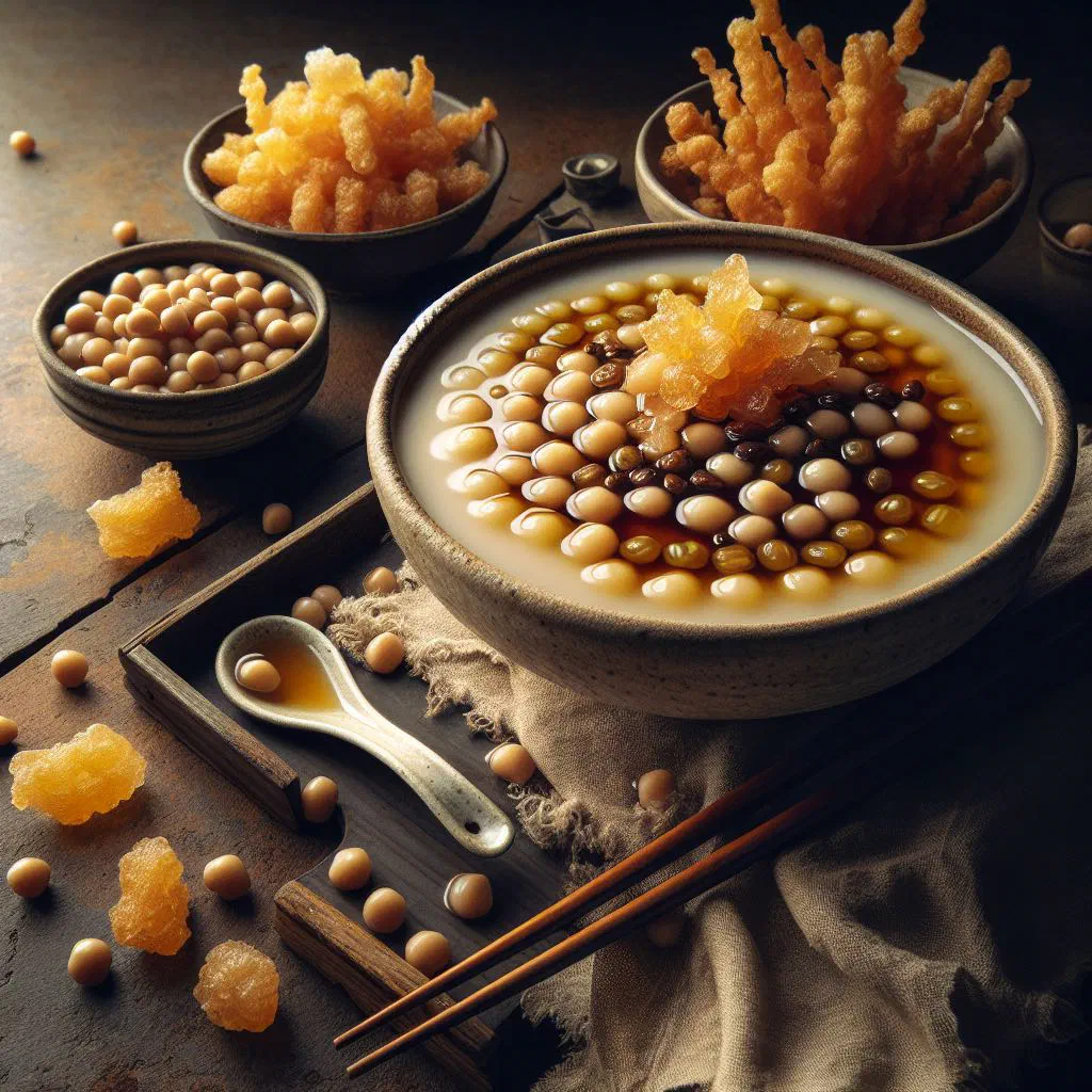 Bowl of warm tau suan mung bean dessert in a thick sweet syrup