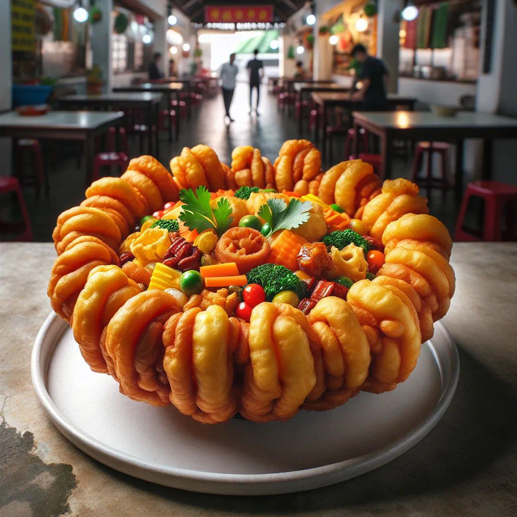 Golden deep-fried yam ring filled with minced meat and vegetables