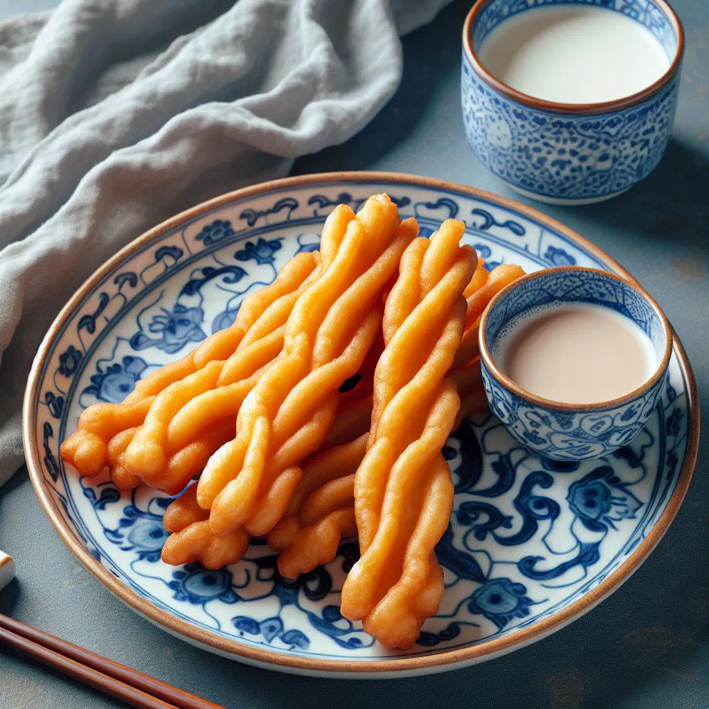 Golden deep-fried You Tiao dough sticks on a plate