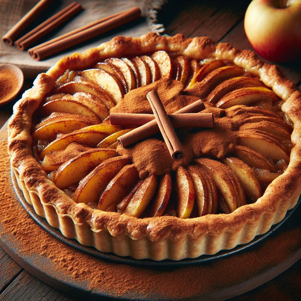 Sliced apple cake with cinnamon dusted with icing sugar on a wooden board