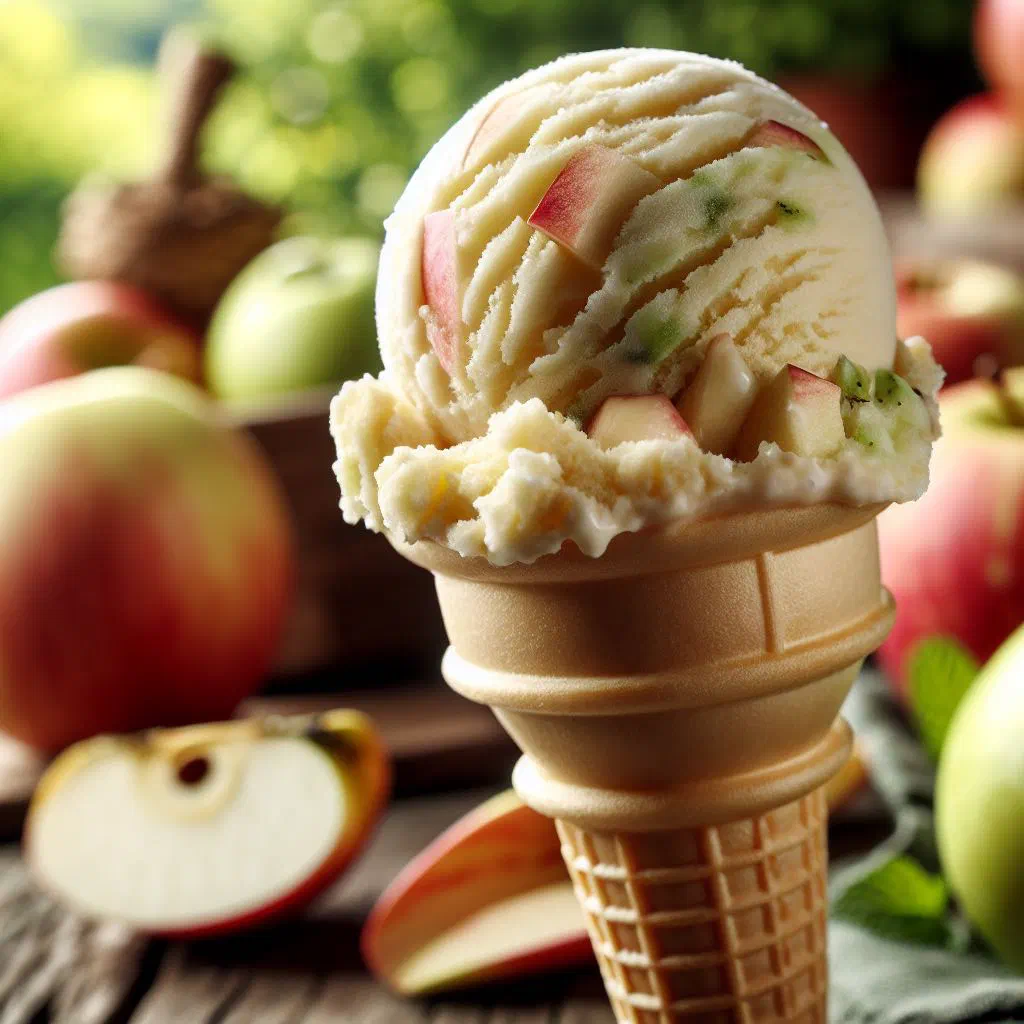 Creamy apple ice cream scoops garnished with cinnamon and fresh apple slices