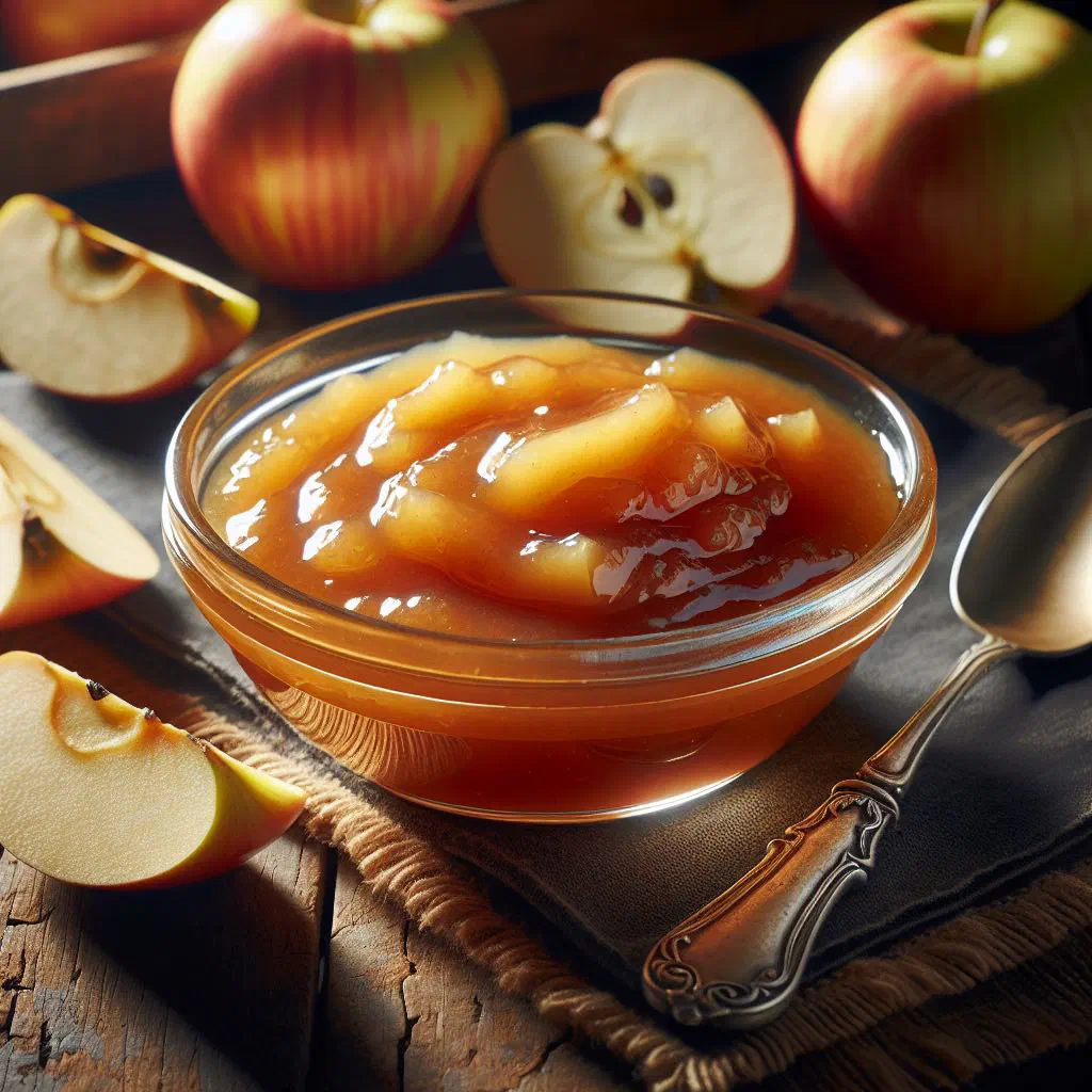 Smooth Slovak apple sauce served in a ceramic bowl with a cinnamon stick
