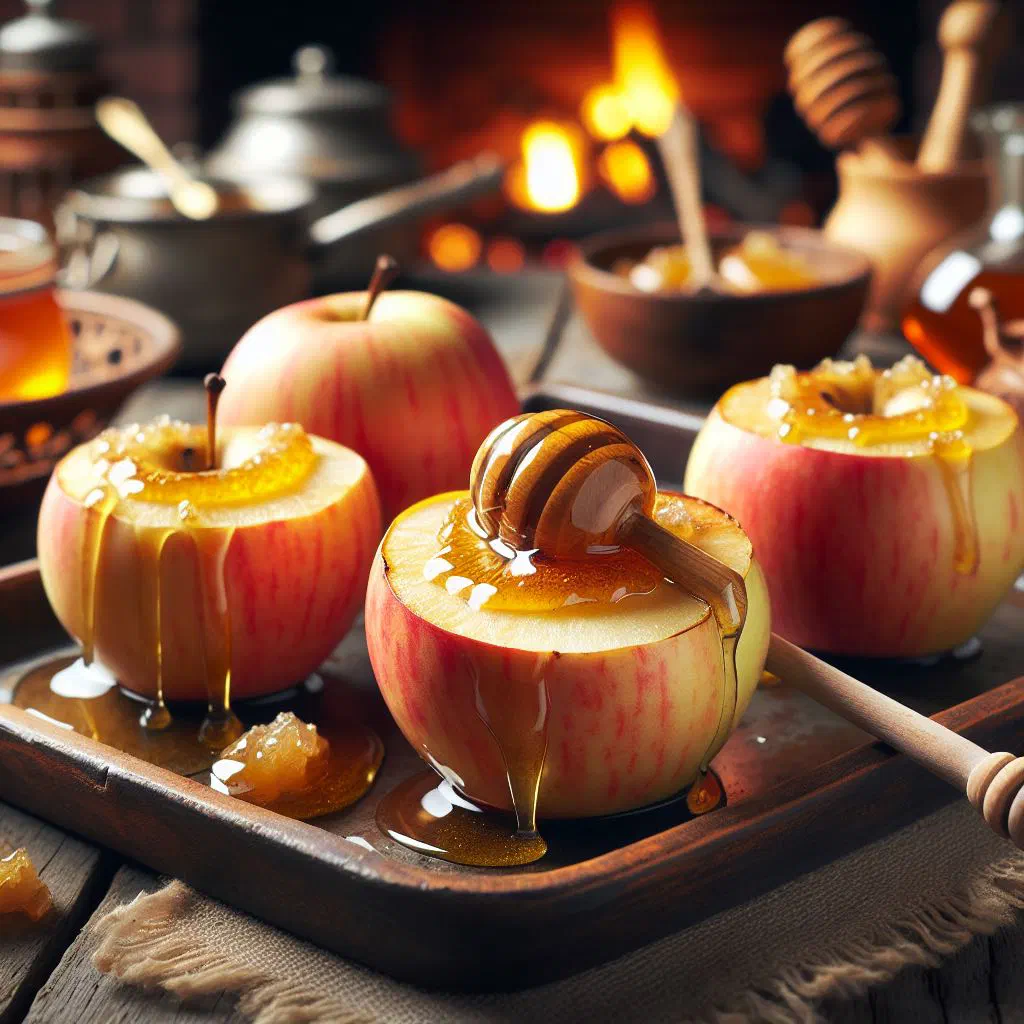 Baked apples drizzled with honey and dusted with cinnamon in a baking dish