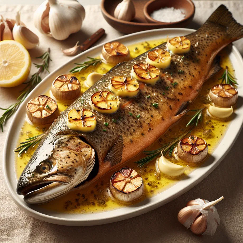 Baked trout fillets topped with garlic butter, fresh herbs and lemon slices