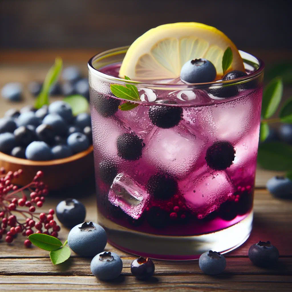 Glass of blueberry žinčica drink garnished with fresh blueberries