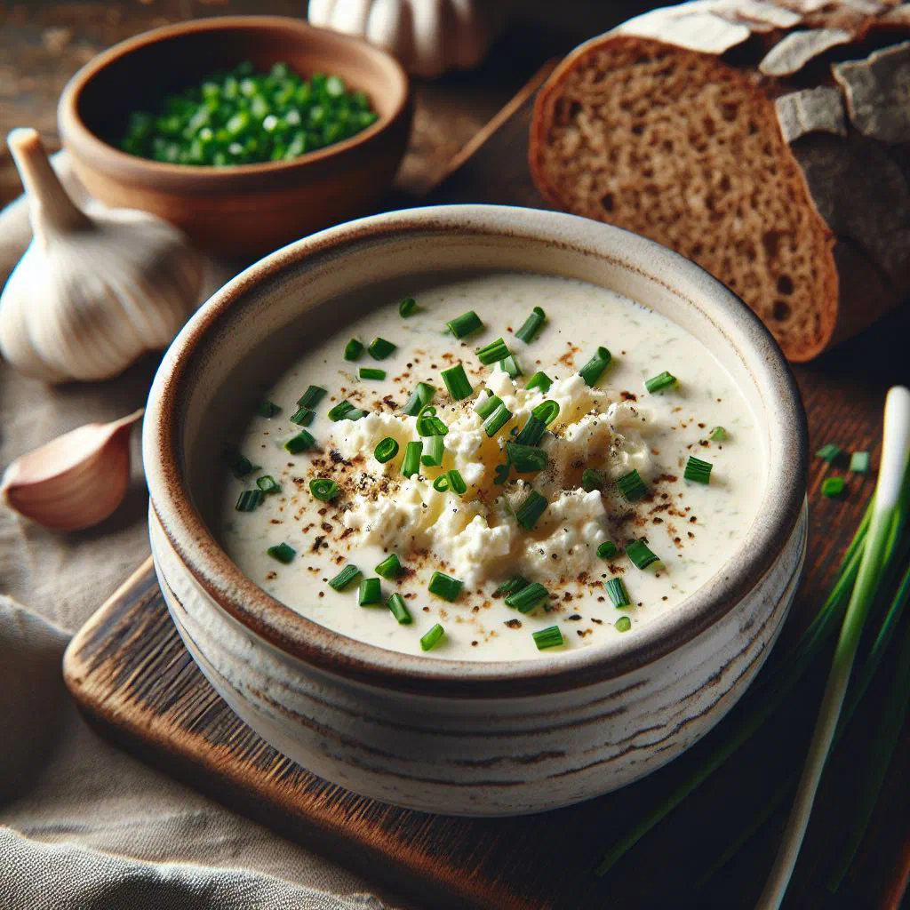 Creamy bryndza sheep's cheese soup garnished with fresh herbs
